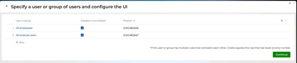 Creatio UI Preferences tab with Freedom UI is enabled checkbox for a user group