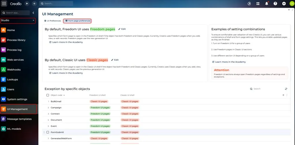 Creatio Form page preferences tab setting default form page for Freedom UI shell