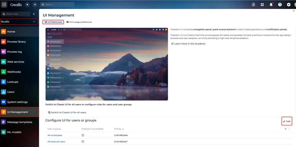 Creatio UI Management page with Switch to Freedom UI for all users option