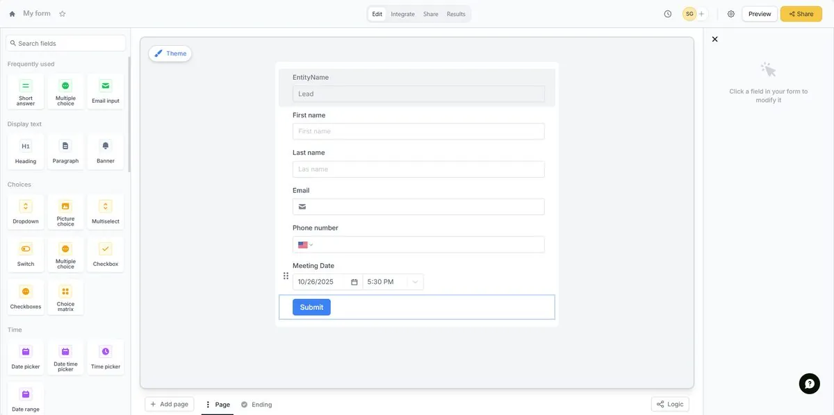 Fillout form builder with required Lead Name, Email, Phone fields
