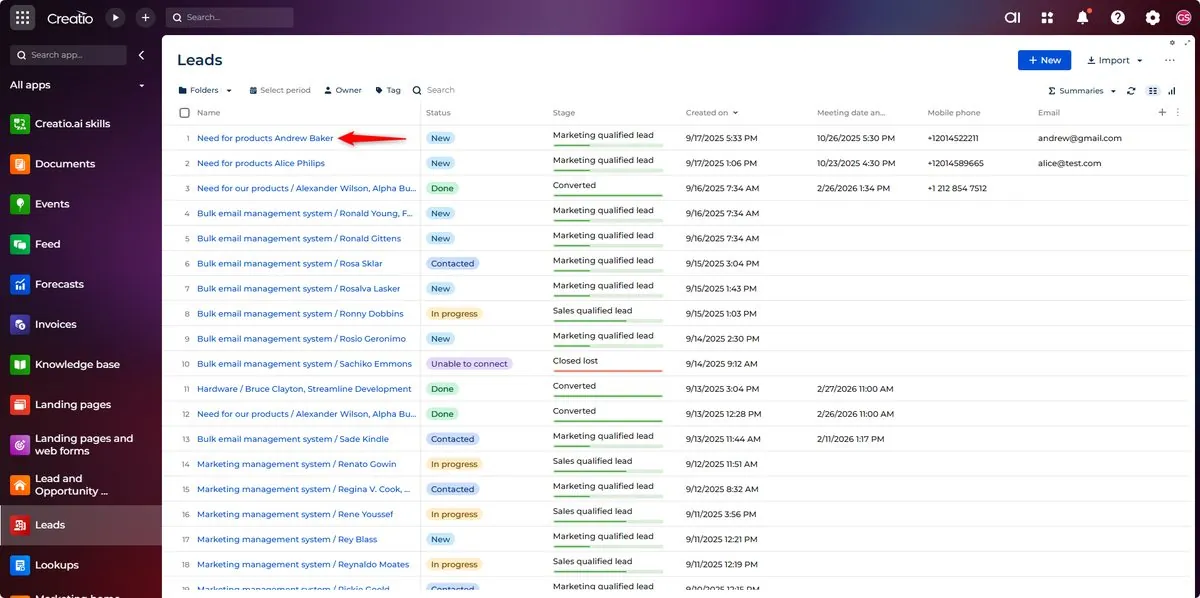 New Lead record automatically created in Creatio Lead section