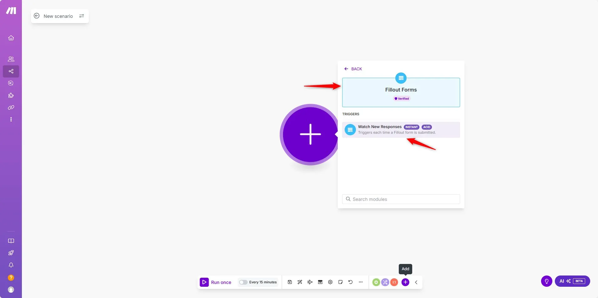 Make.com module picker with Fillout Watch New Responses trigger