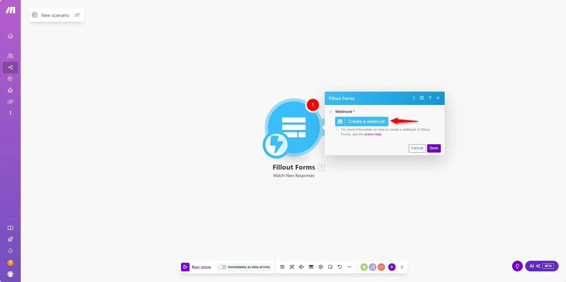 Make.com Create Webhook button for Fillout trigger module