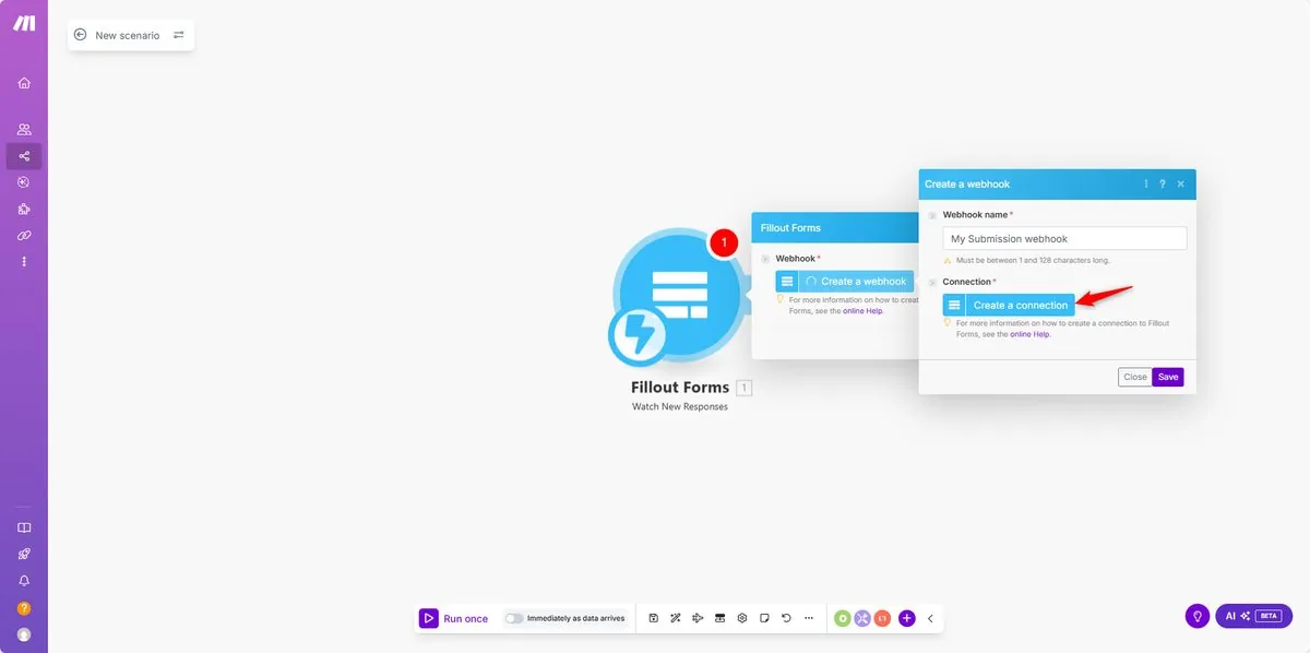 Make.com Create a connection dialog for Fillout account