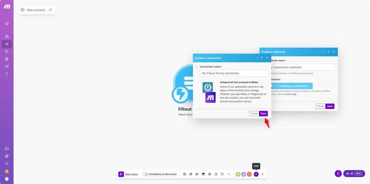 Make.com Fillout connection settings ready to save