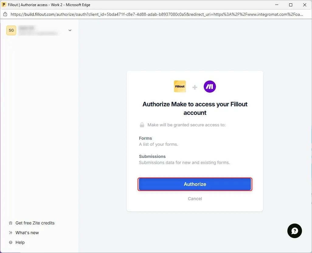 Fillout authorization pop-up granting Make access to account