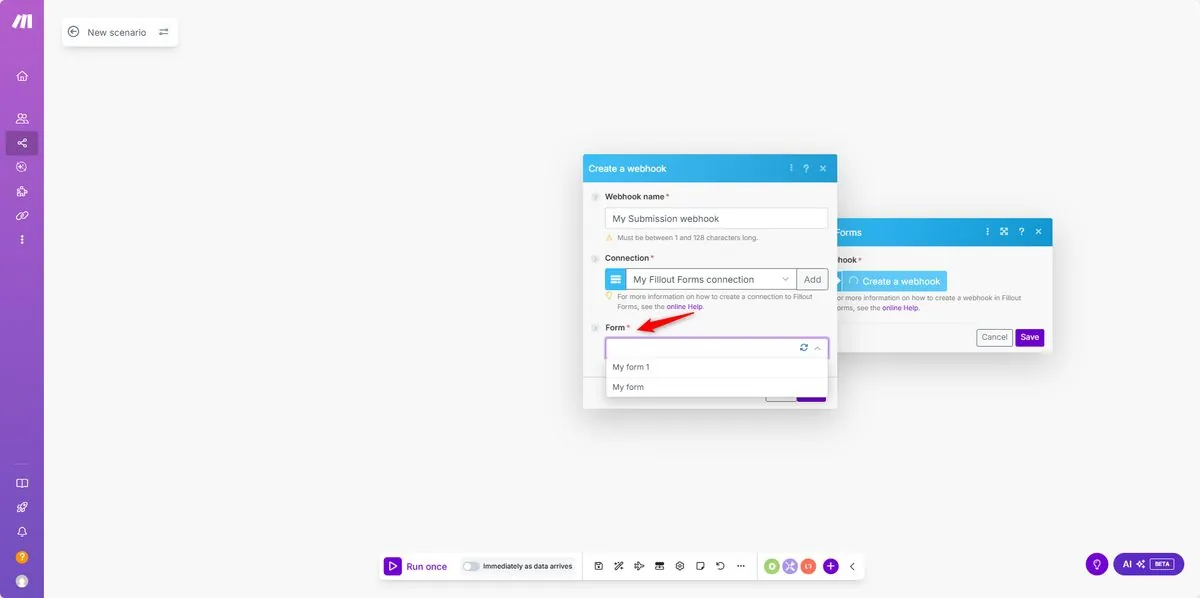 Make.com Form ID dropdown selecting the Fillout form trigger