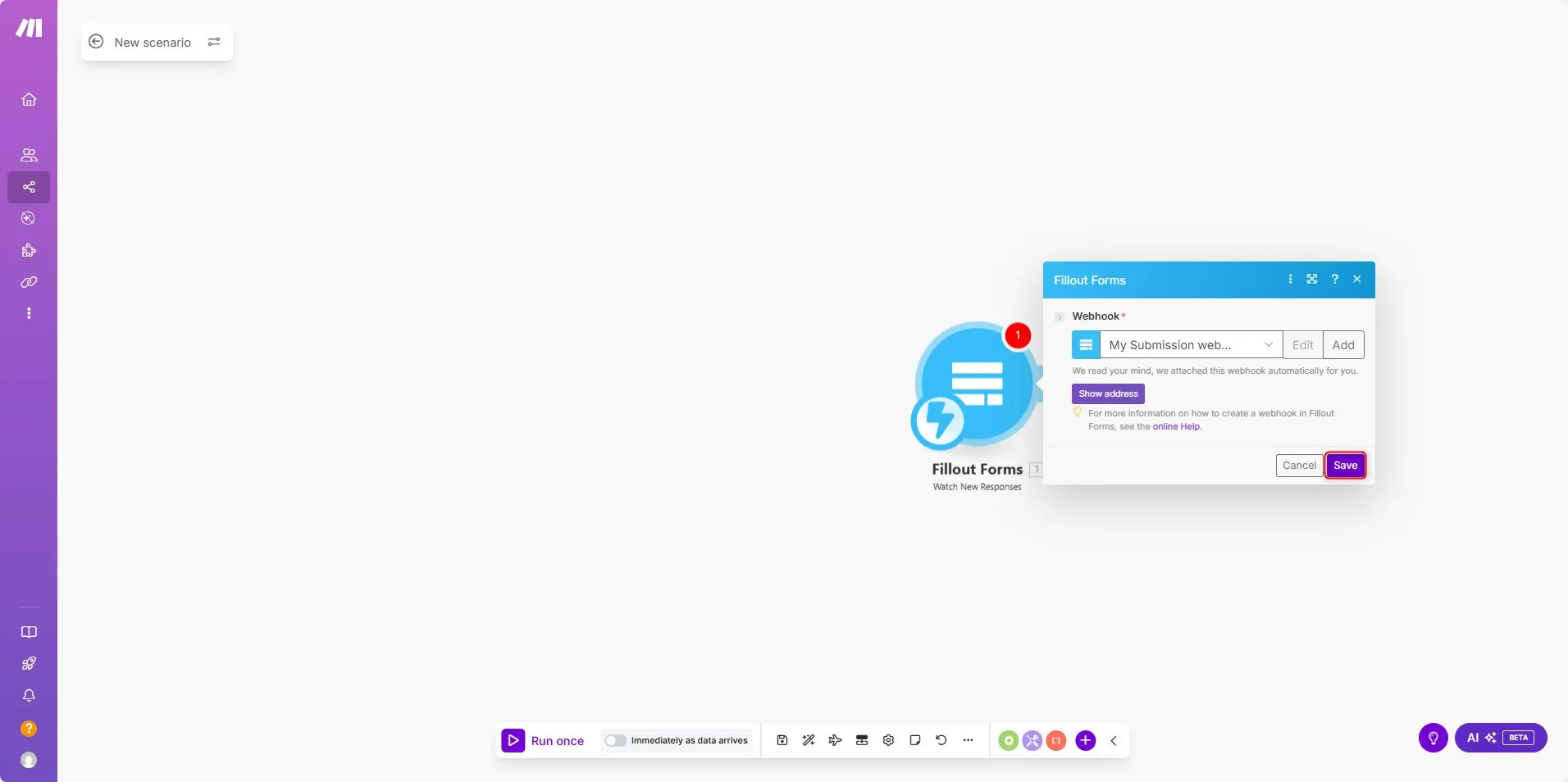 Make.com Save button confirming Fillout connection settings