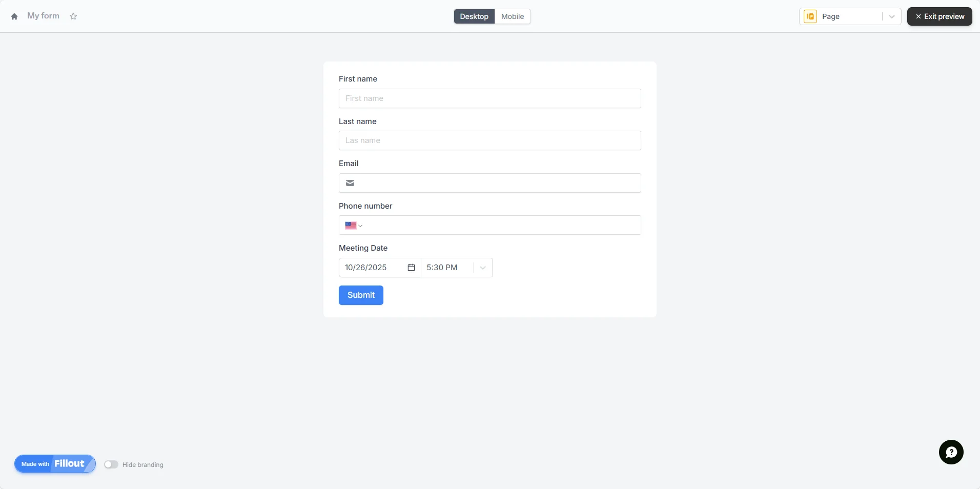 Hidden EntityName field set to Lead in Fillout form