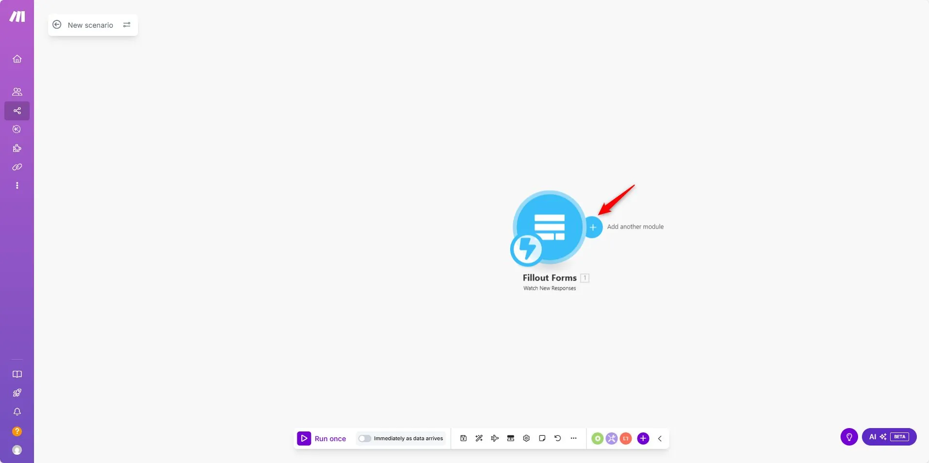 Make.com plus icon to add a second module after Fillout