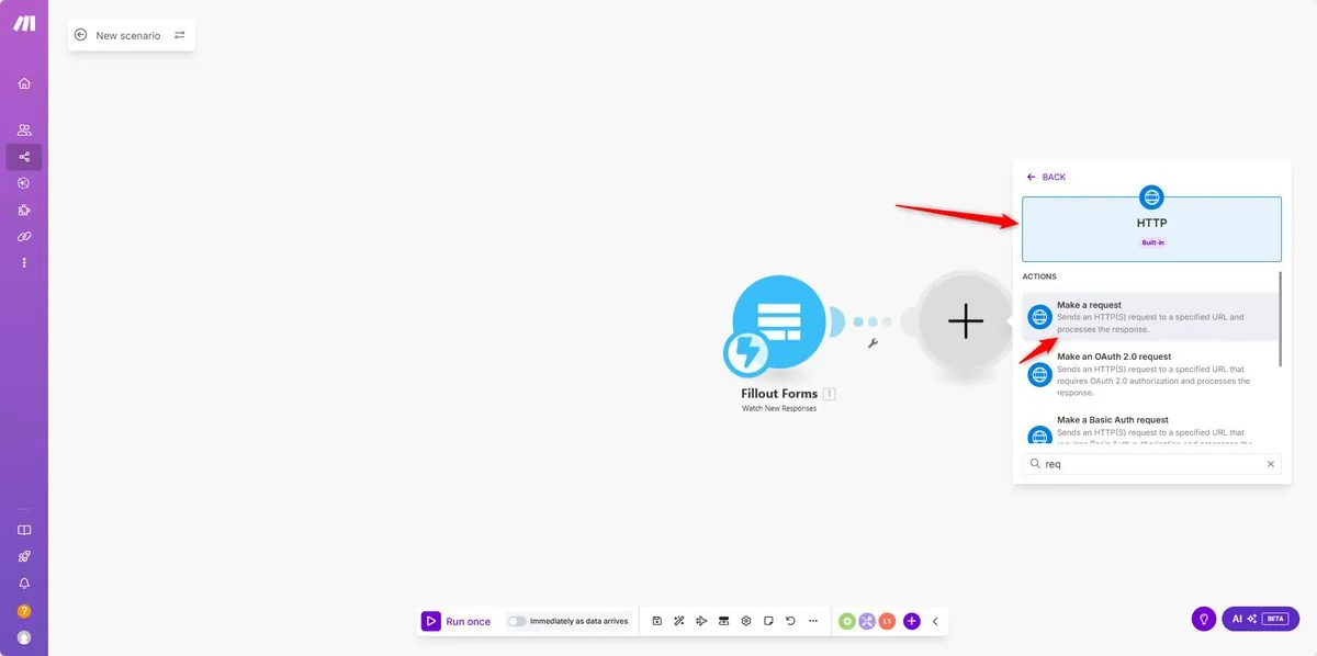 Make.com module picker selecting HTTP Make a Request action