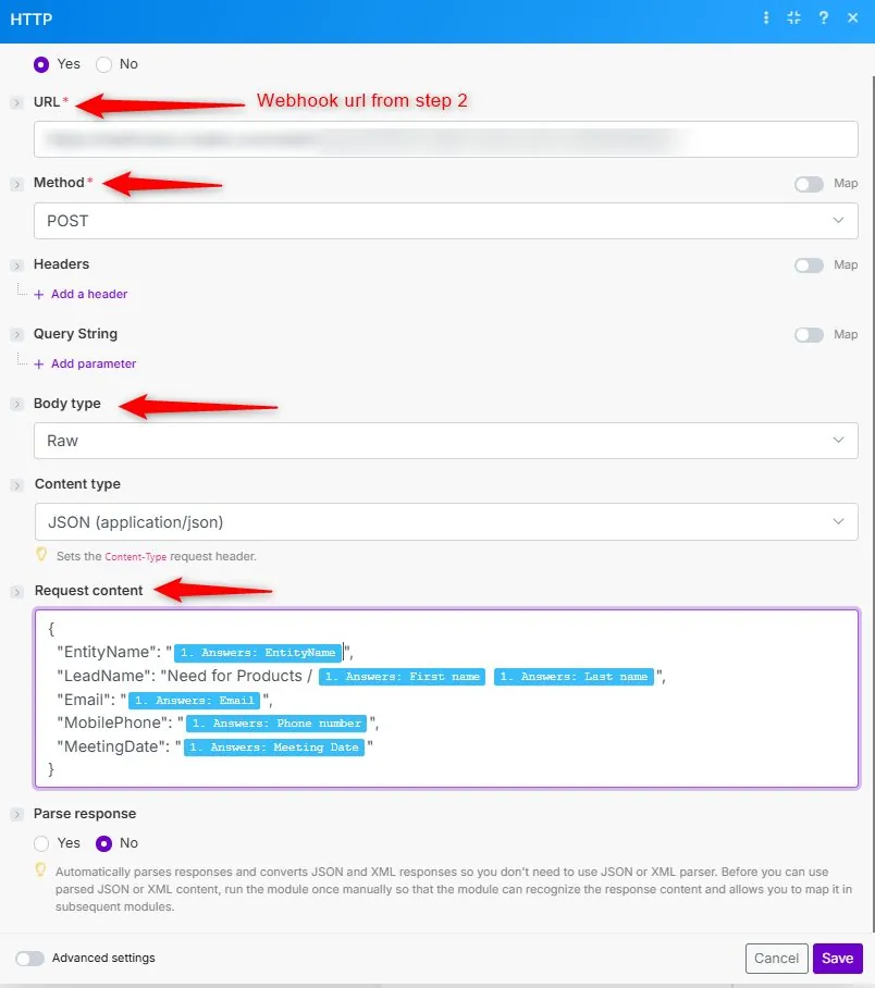 Make HTTP module configured with Creatio webhook URL and JSON body