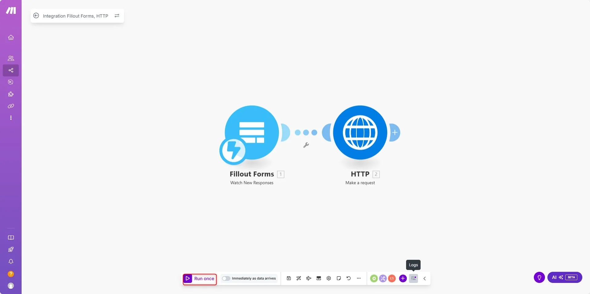 Make.com Run Once button to start a one-time test