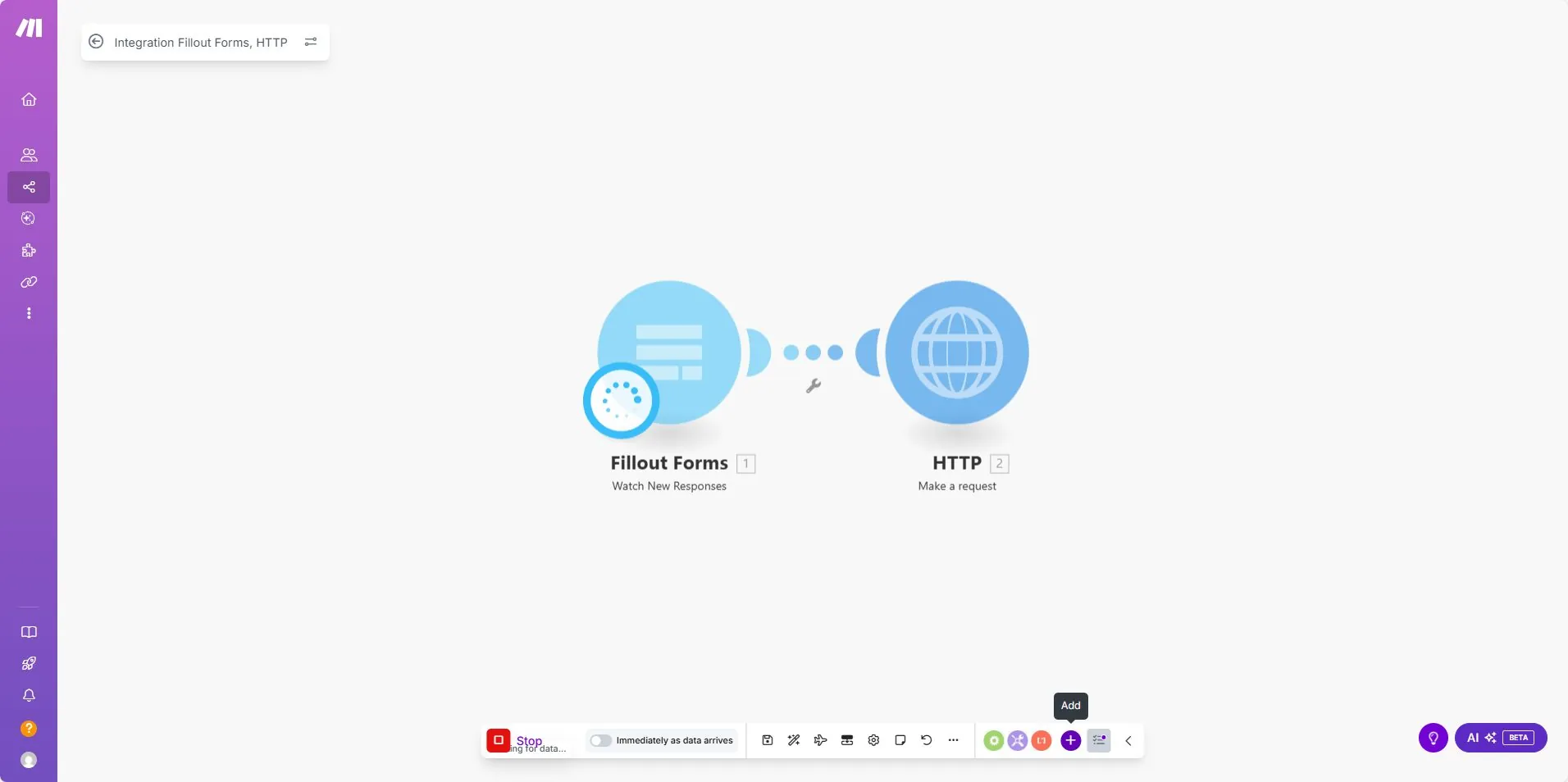Make.com scenario waiting for incoming Fillout test submission