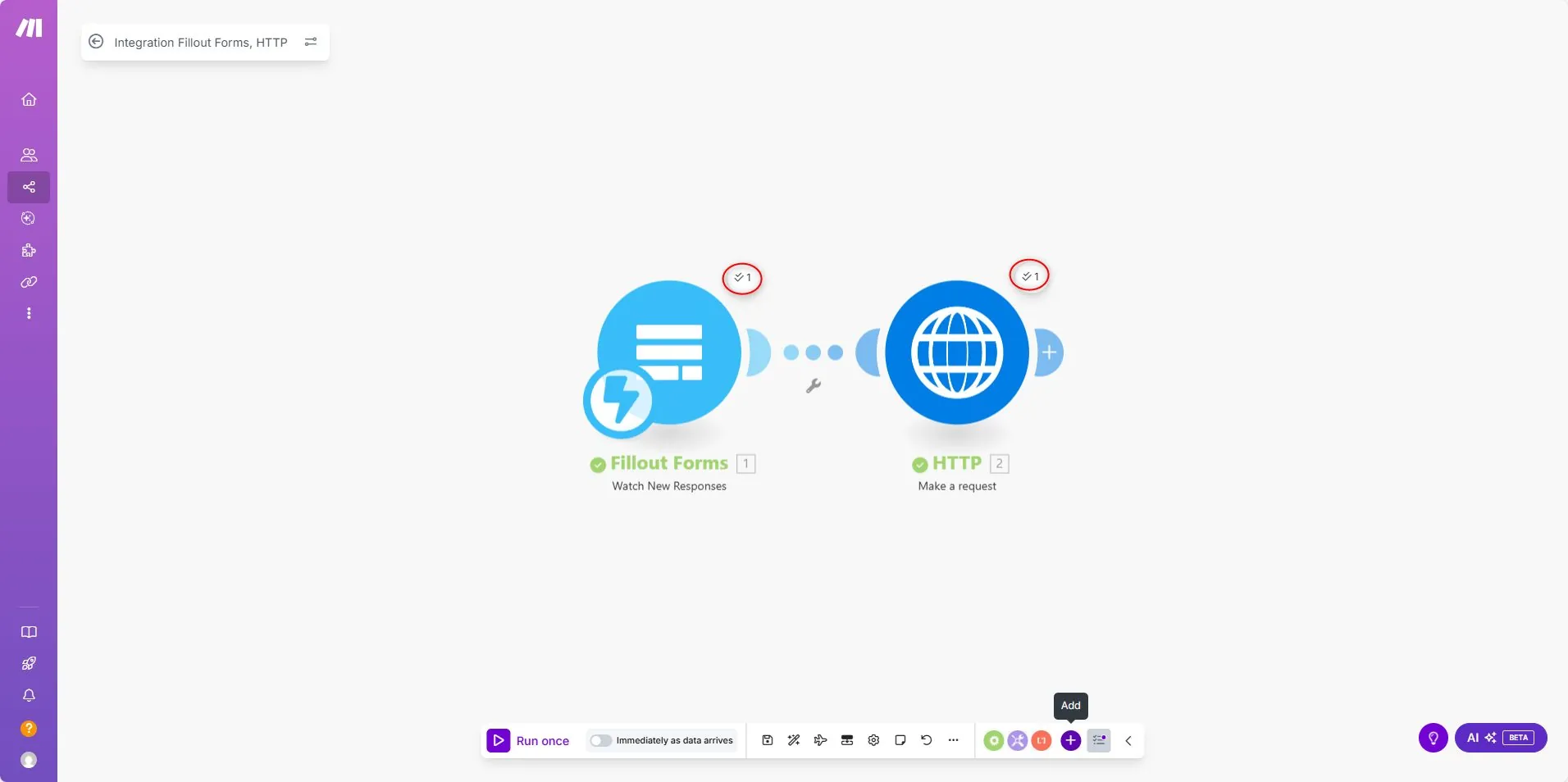 Make.com test run with checkmarks on Fillout and HTTP modules