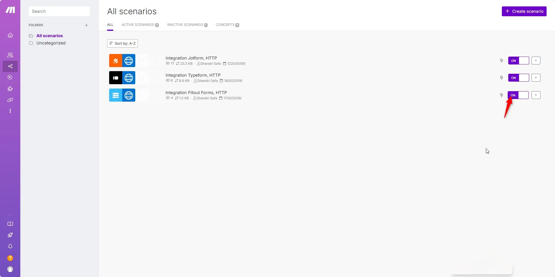 Make.com scenario activation toggle switched On for live runs