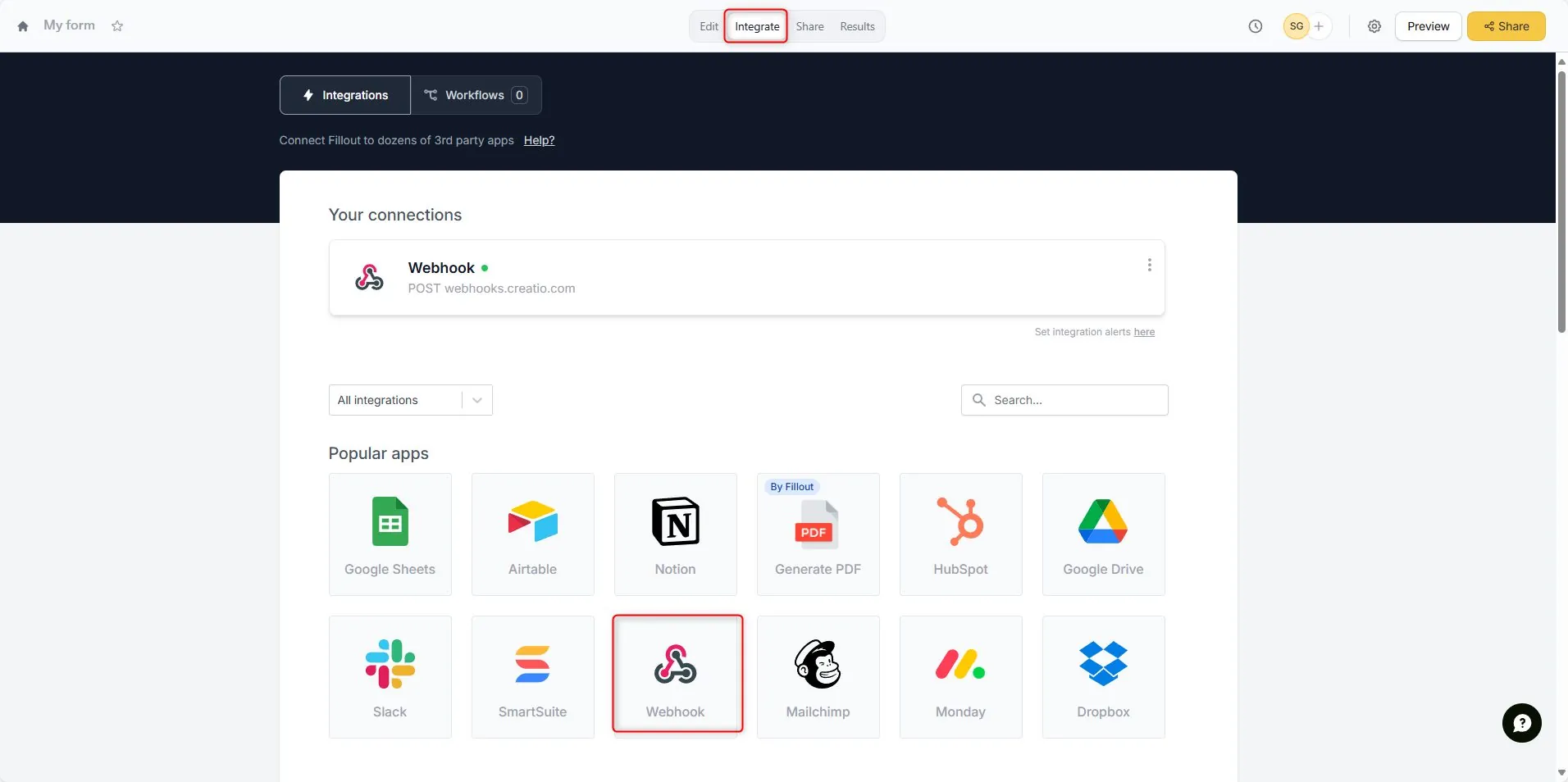 Fillout Integrate tab with Webhook integration option selected