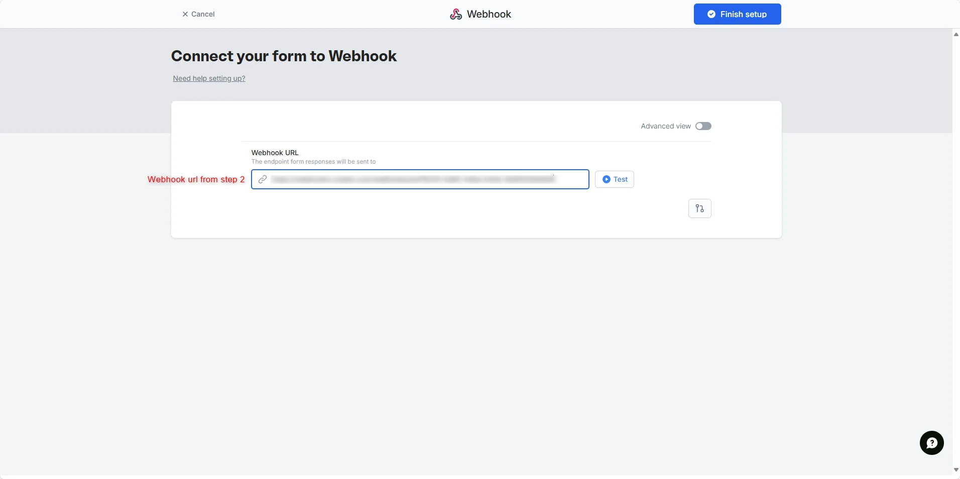 Creatio webhook URL pasted into Fillout webhook configuration