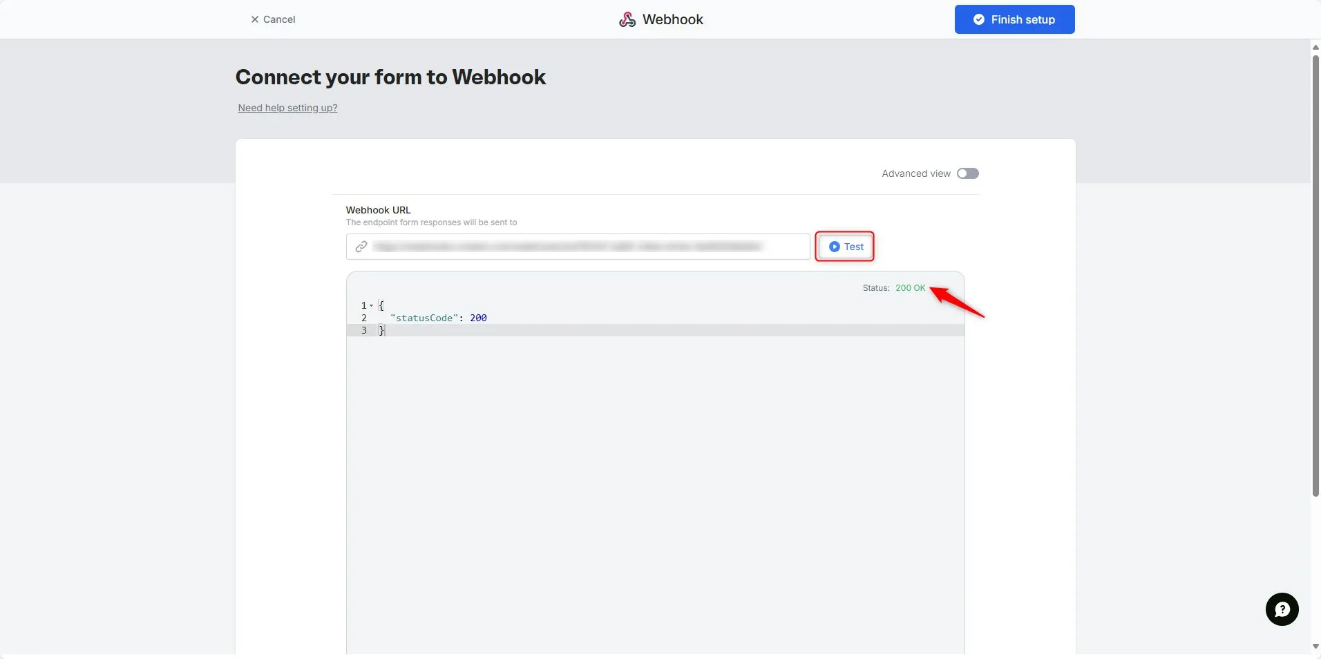 Successful Fillout webhook test with Finish setup button