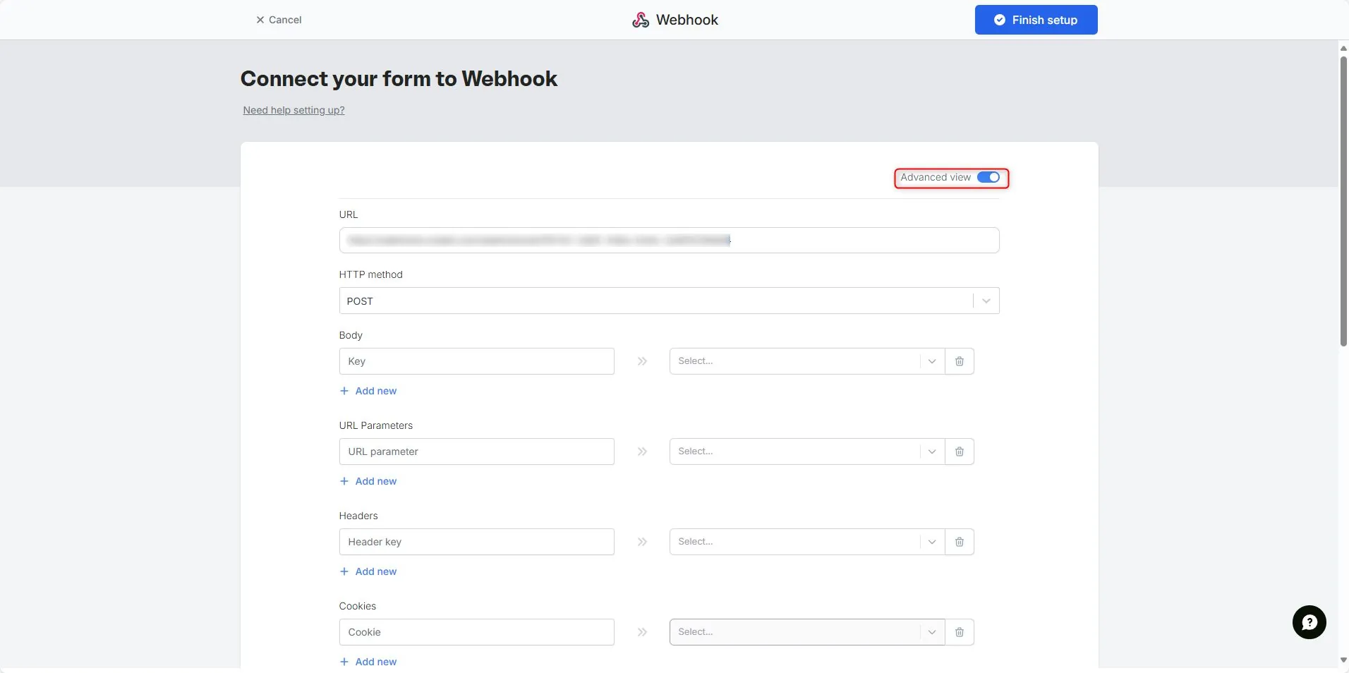 Fillout webhook Advanced view toggle for parameter configuration