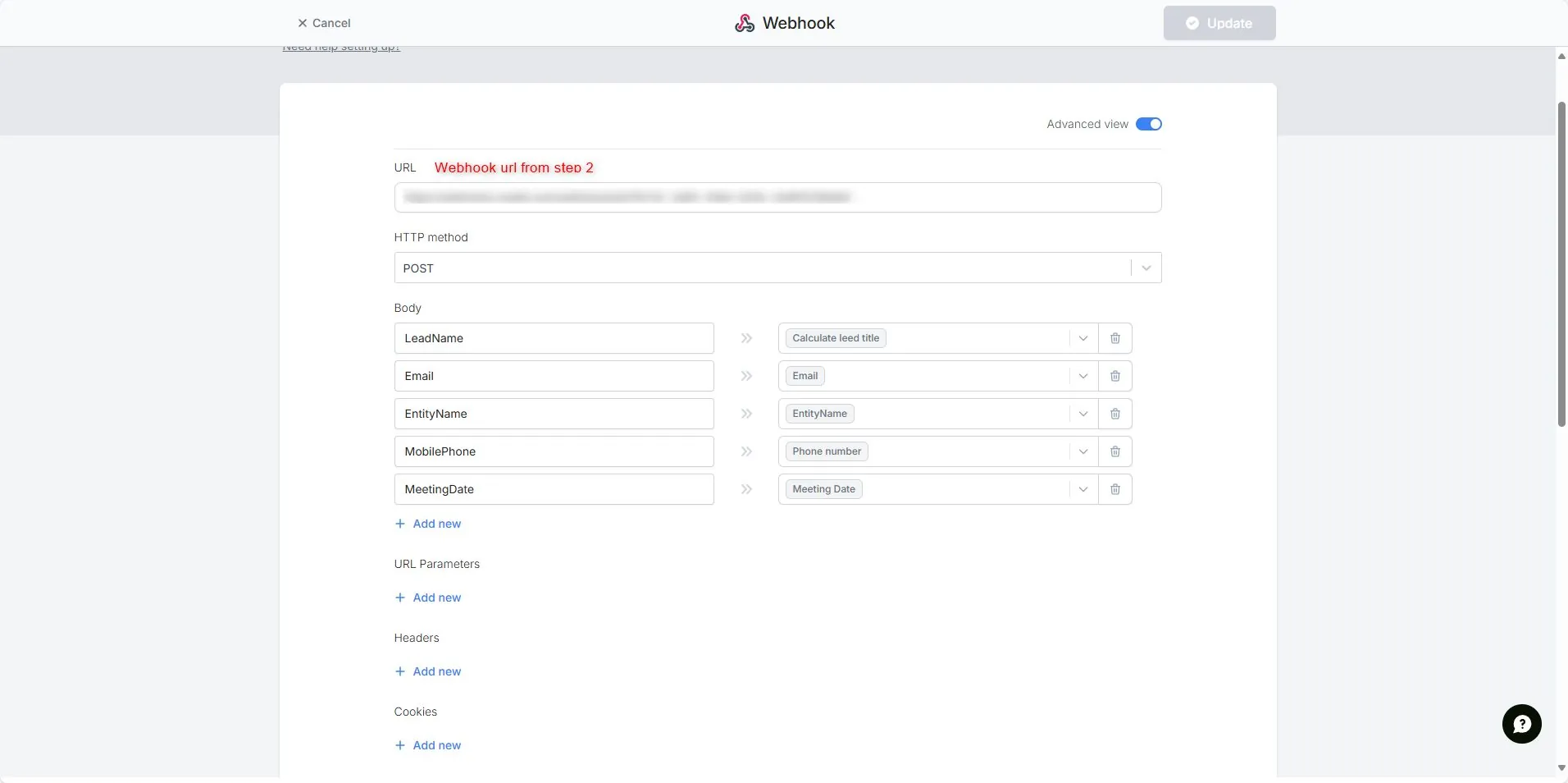 Fillout webhook body fields mapped to Creatio column codes