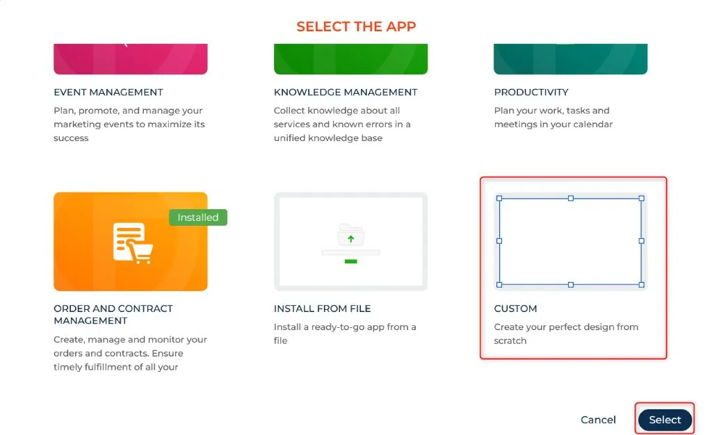 Creatio app template picker with Custom template selected