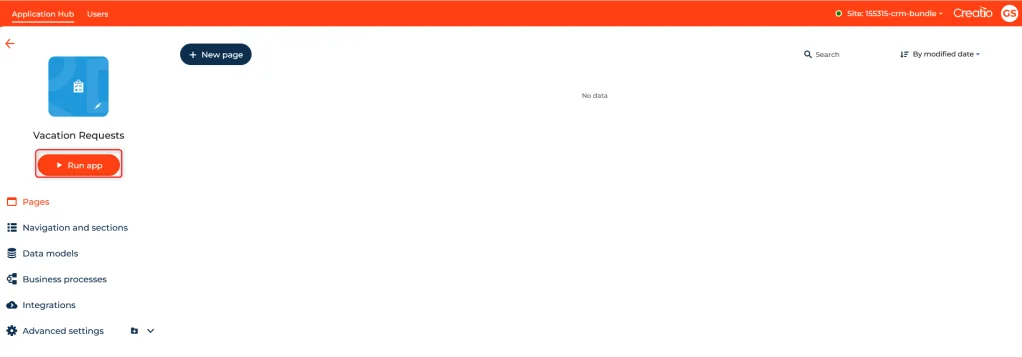 Created Creatio application page showing Run App button