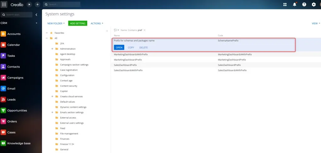 Creatio System Settings page filtered by SchemaNamePrefix code