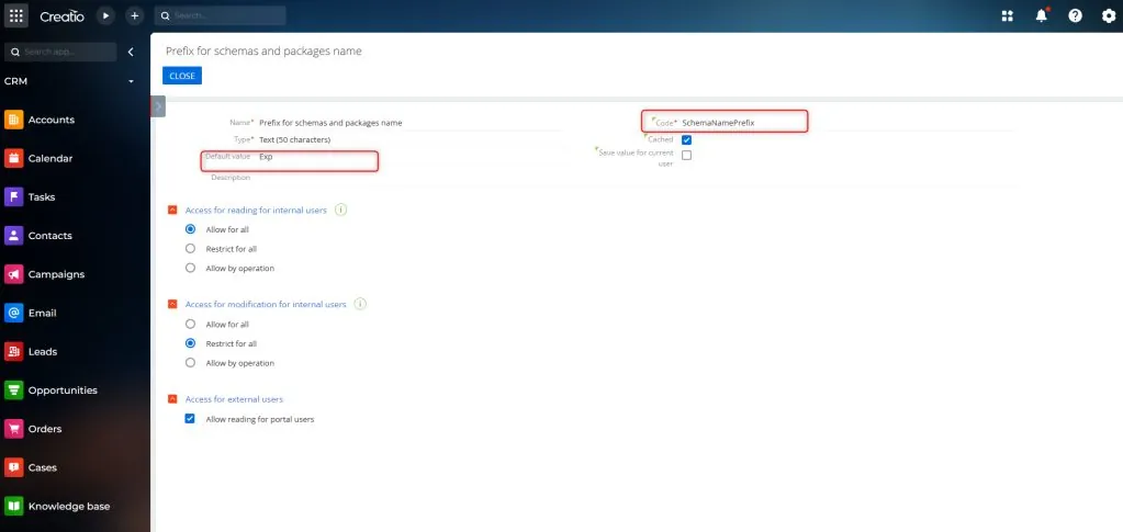 SchemaNamePrefix Default Value field with Save button in Creatio