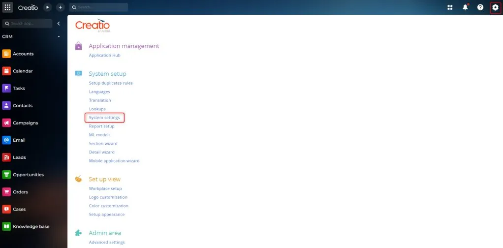 Creatio System Designer with System Settings option highlighted