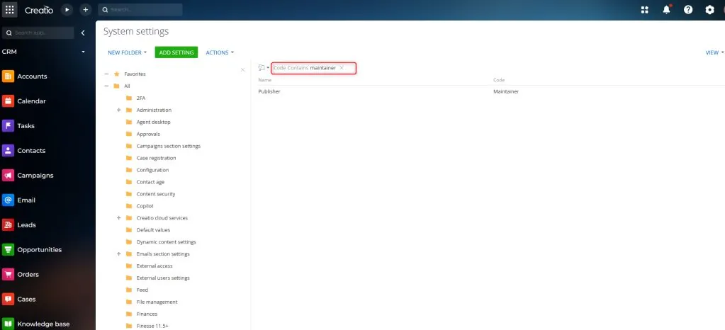 System Settings list filtered by Maintainer code in Creatio