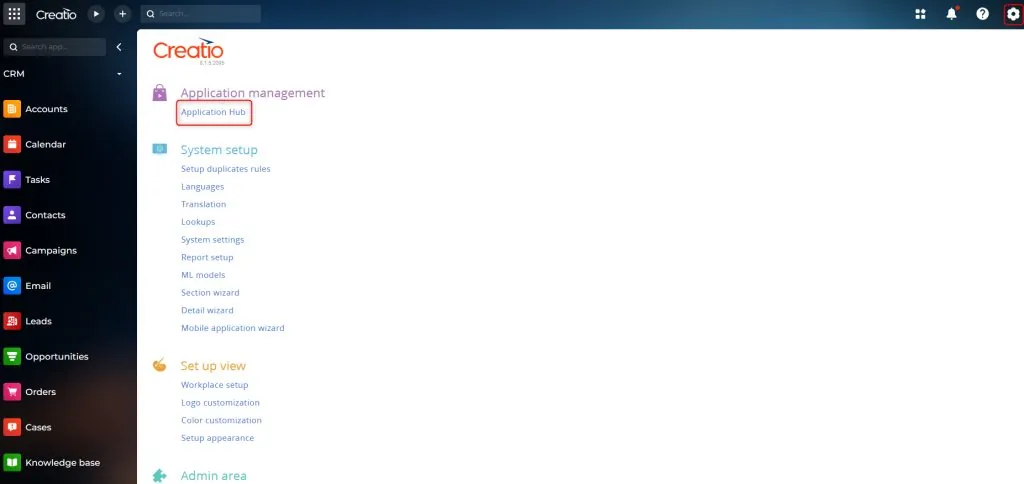 Creatio top-right toolbar showing Application Hub button