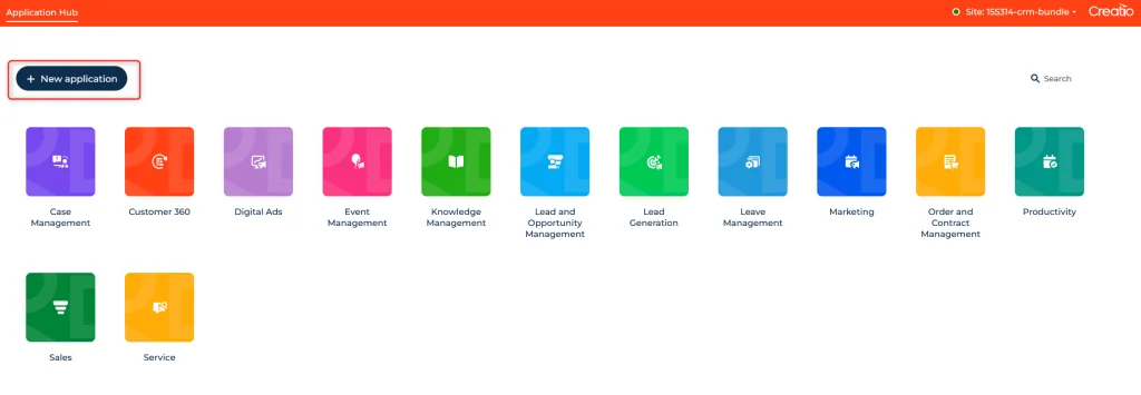 Application Hub with New Application button highlighted