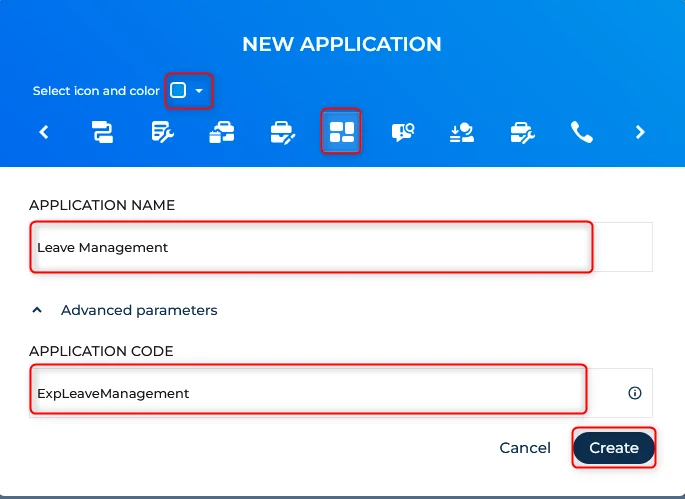 New application dialog with icon, color, and Application Name field