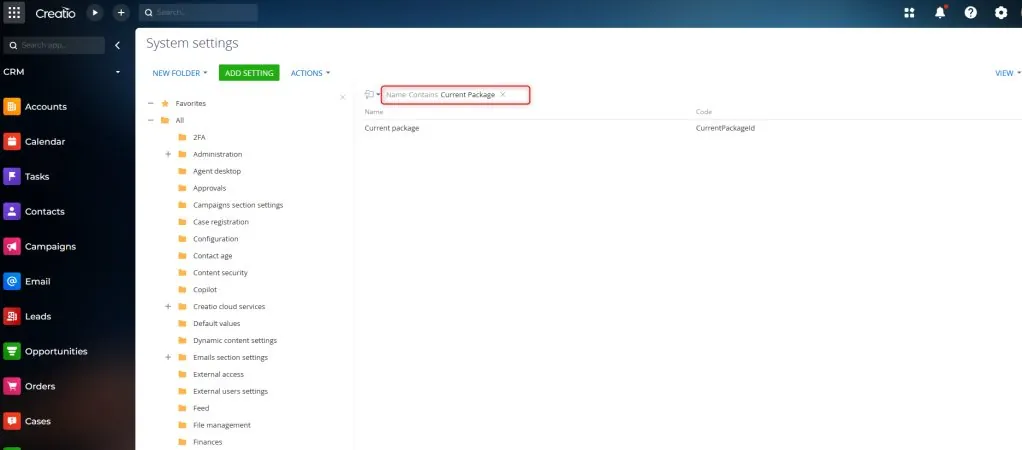 System Settings search filtered by CurrentPackageId code
