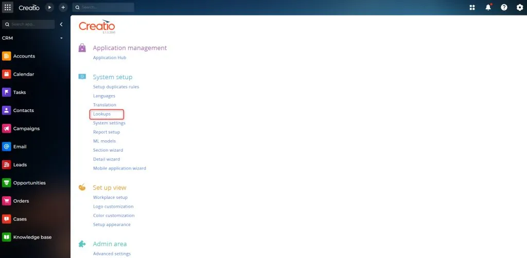 Creatio Lookups section with New Lookup toolbar button