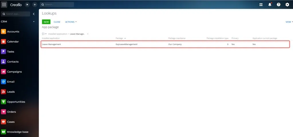Filtered package list showing the current app package record