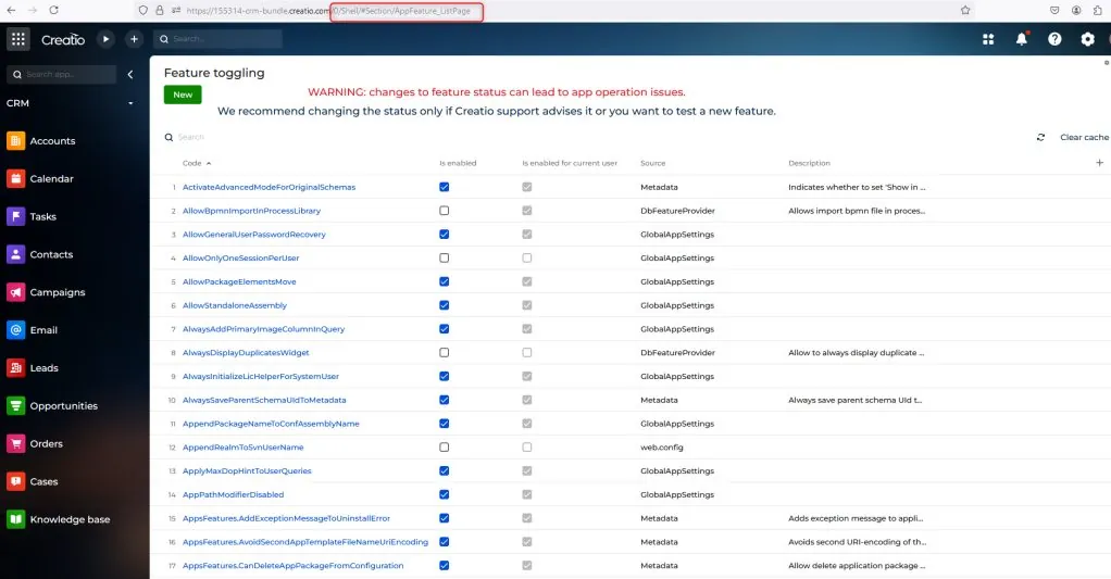 Creatio Feature Toggling page with search filter