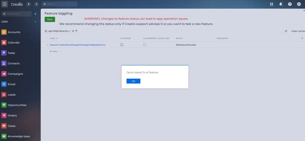 Feature toggle disabled with Save All and Clear Cache buttons