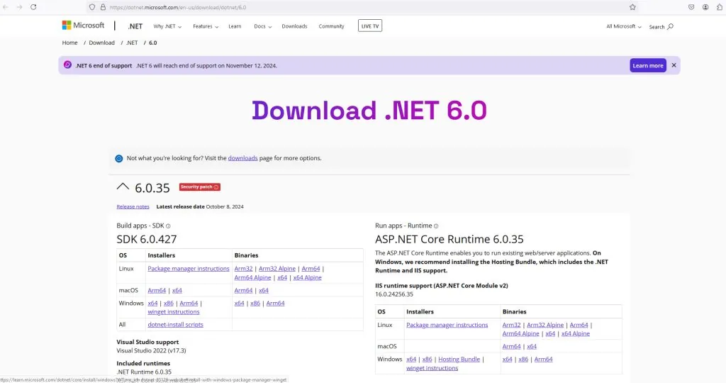 Microsoft .NET 8 SDK download page on dotnet.microsoft.com