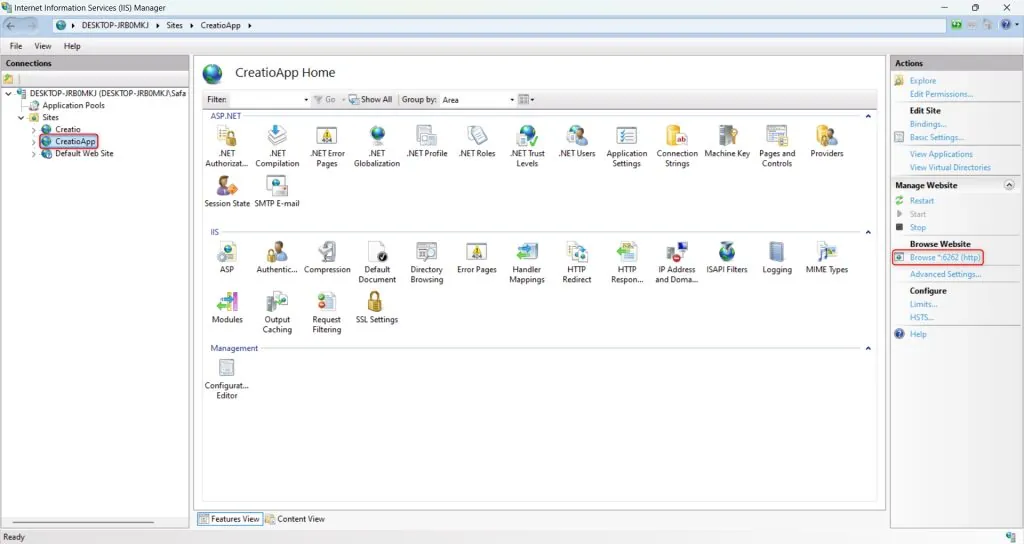 IIS Manager with Creatio site selected and Browse link