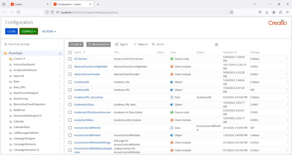 Creatio System Designer with Compile option highlighted