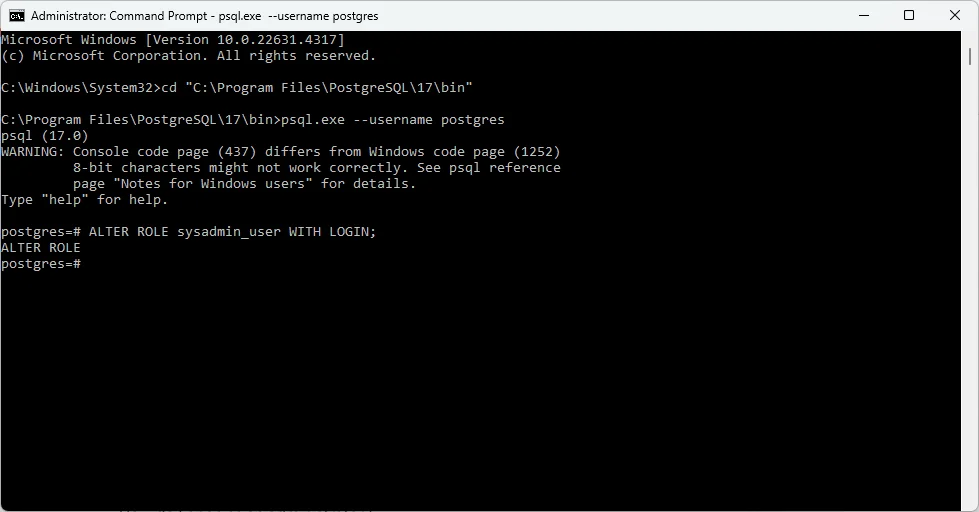 psql ALTER ROLE sysadmin_user WITH LOGIN command result