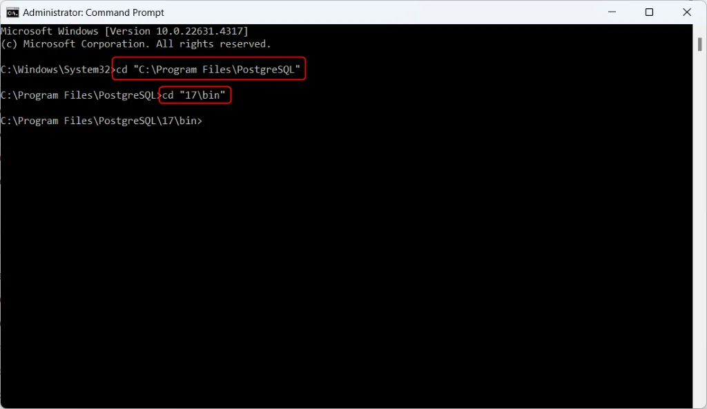 Command Prompt navigated to PostgreSQL 17 bin folder