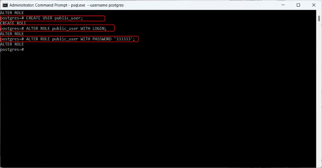 psql creating public_user role with password and login