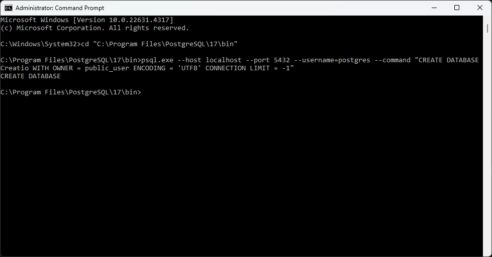psql CREATE DATABASE creatio command with public_user as owner