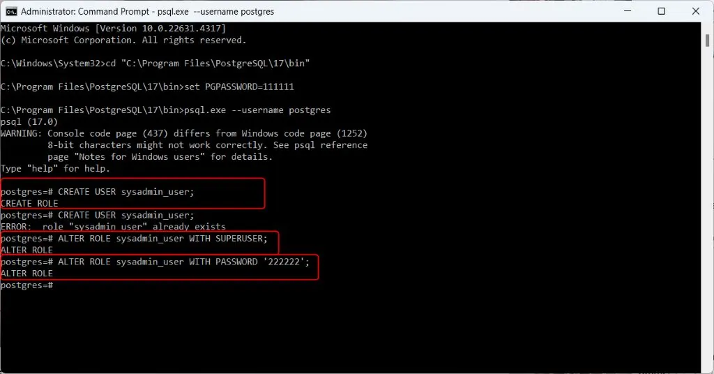 psql ALTER ROLE sysadmin_user WITH PASSWORD command output
