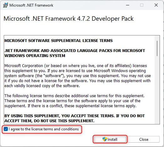 .NET Framework 4.7.2 Developer Pack license agreement screen