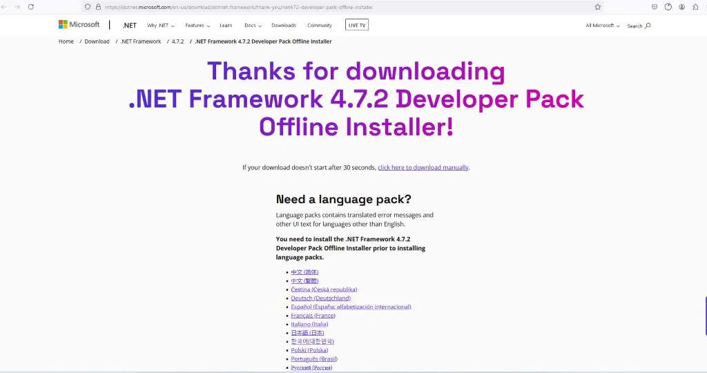 .NET Framework 4.7.2 Developer Pack download page