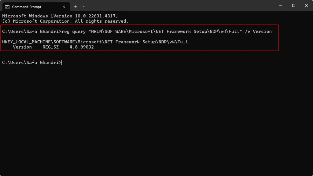 Command Prompt showing reg query .NET Framework Version output